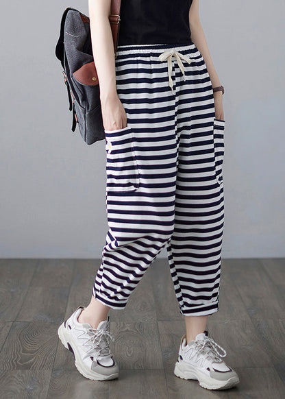 Classy Striped Embroideried Drawstring Elastic Waist Draping Crop Pants Summer Ly0664