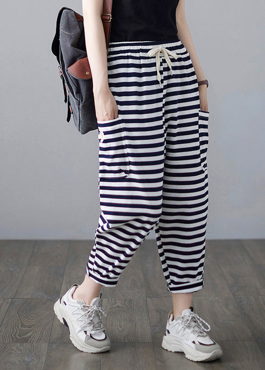 Classy Striped Embroideried Drawstring Elastic Waist Draping Crop Pants Ac2088