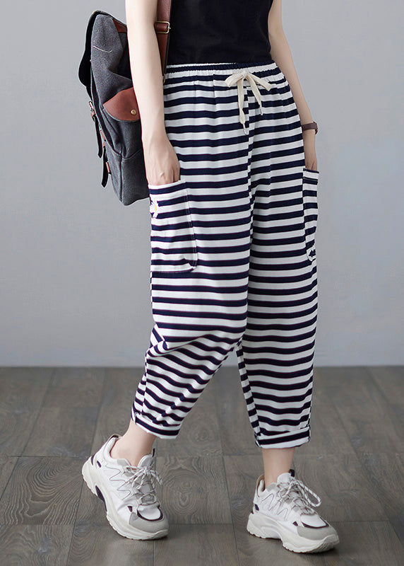 Classy Striped Embroideried Drawstring Elastic Waist Draping Crop Pants Ac2088