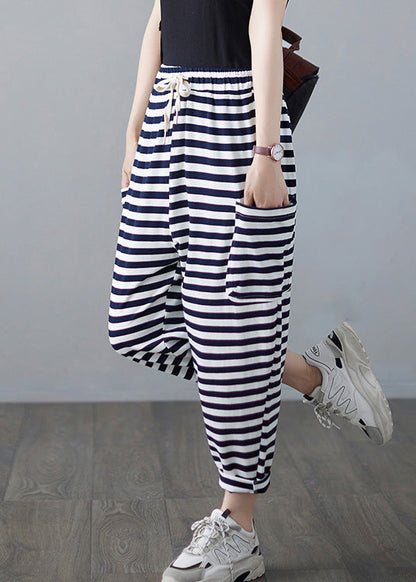 Classy Striped Embroideried Drawstring Elastic Waist Draping Crop Pants Ac2088