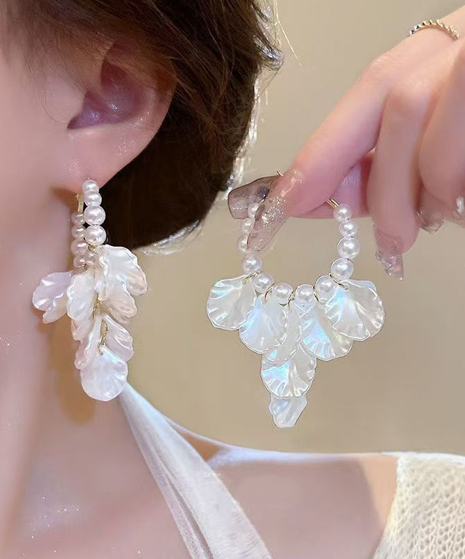 Classy White Alloy Pearl Resin Shell Hoop Earrings