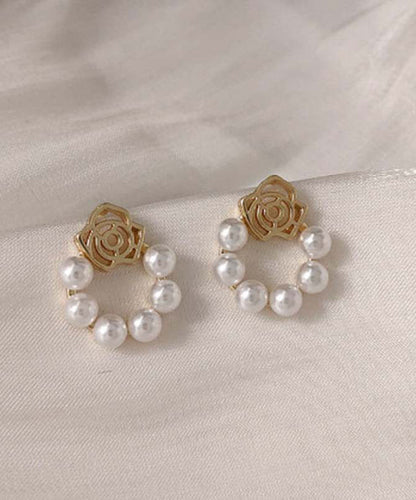 Classy White Copper Overgild Pearl Hollow Out Hoop Earrings