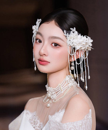 Classy White Lace Lily of the Valley Pearl Tassel a Pair Hairpin