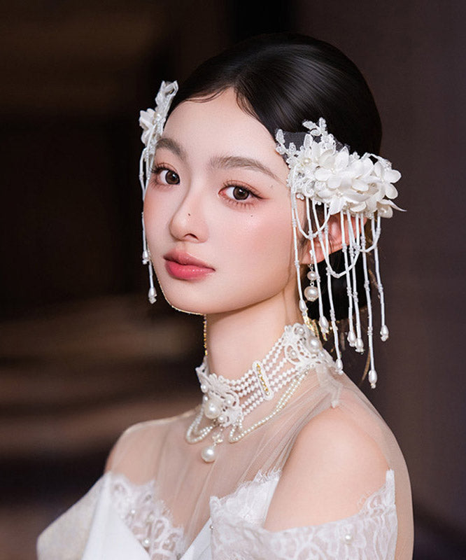 Classy White Lace Lily of the Valley Pearl Tassel a Pair Hairpin