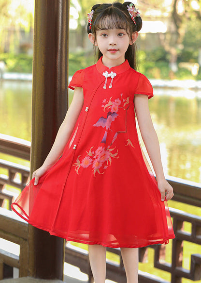 Classy White Stand Collar Print Tulle Maxi Dresses Summer Mn025