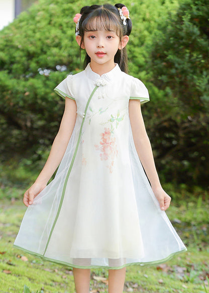 Classy White Stand Collar Print Tulle Maxi Dresses Summer Mn025