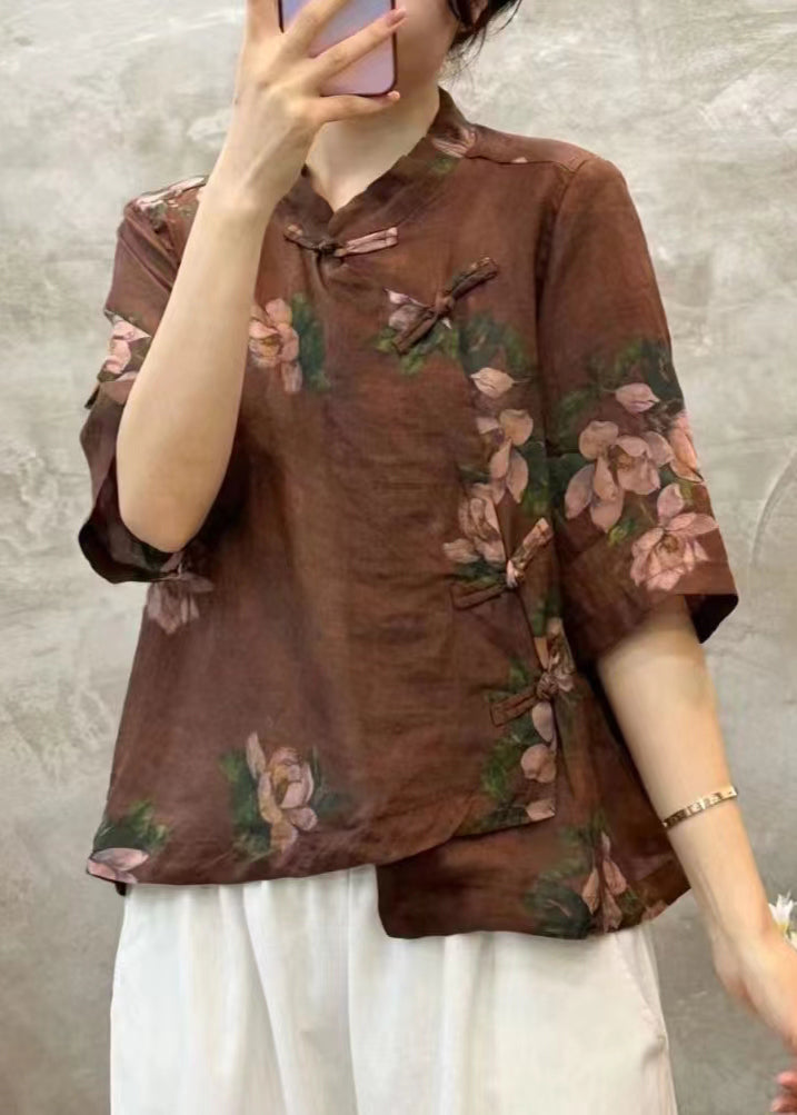 Coffee Button Linen Blouses Stand Collar Half Sleeve Vv005
