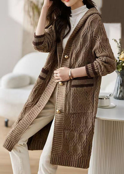 Coffee Button Patchwork Knit Fall Cardigans Hooded Qs021