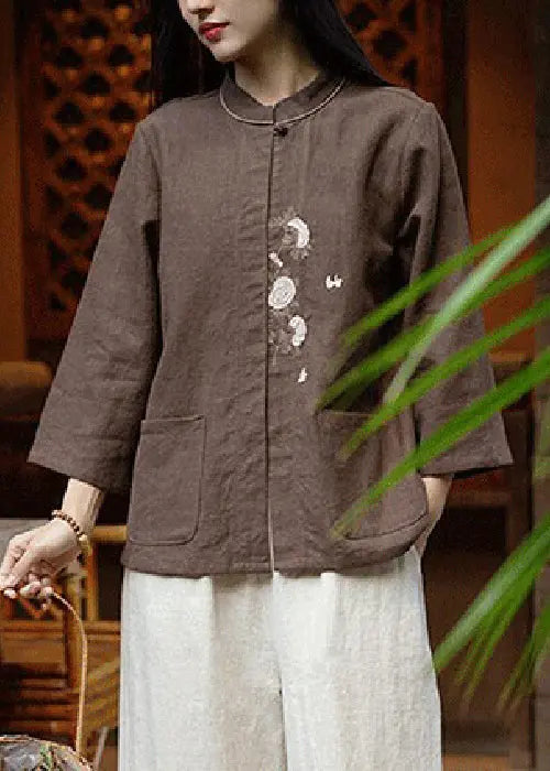 Coffee Button Pockets Linen Blouse Stand Collar Spring Cg1041