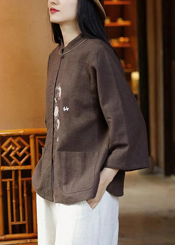 Coffee Button Pockets Linen Blouse Stand Collar Spring Cg1041