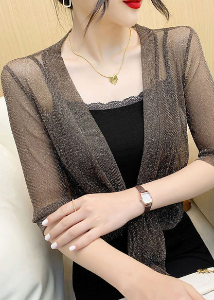 Coffee Lace Up Tulle Cardigan V Neck Half Sleeve As1077