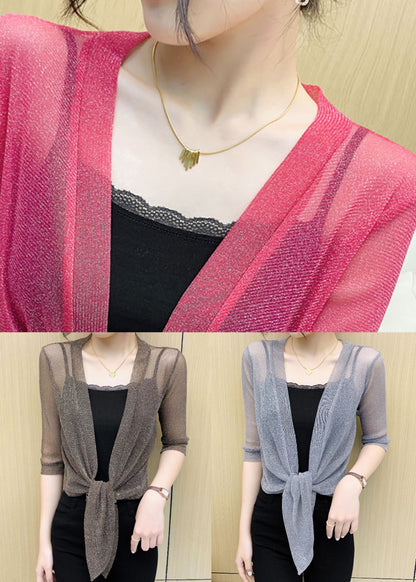 French Grey V Neck Lace Up Tulle Cardigan Summer As1021