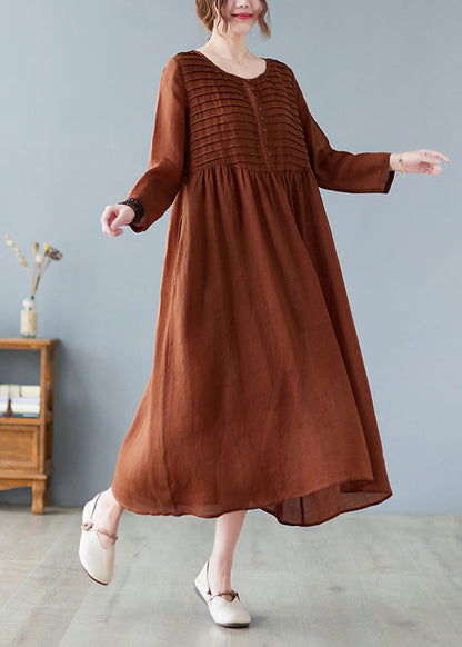 Coffee O-neck Patchwork Button Long Dress Summer Lc0043