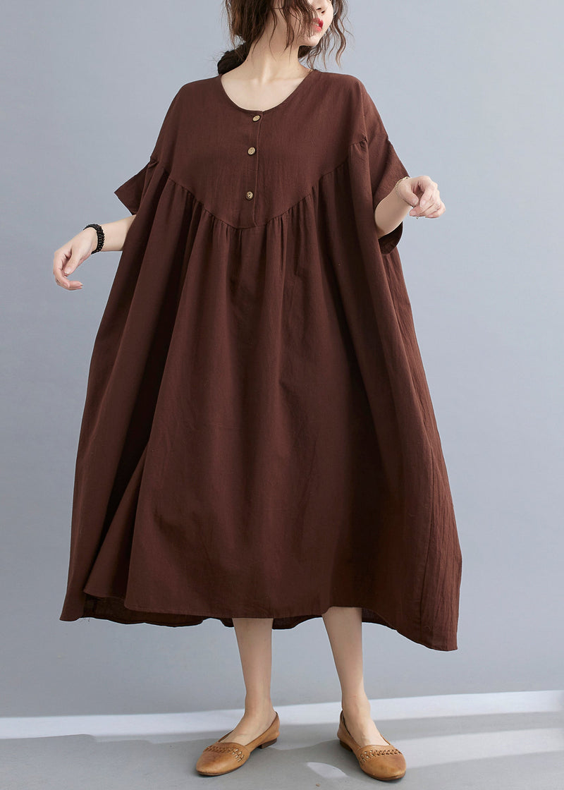Coffee O-neck Wrinkled Maxi Dresses Summer Gh1049