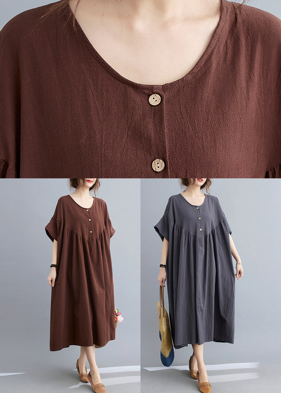 Dark Grey Patchwork Button Long Dresses Short Sleeve Gh1018