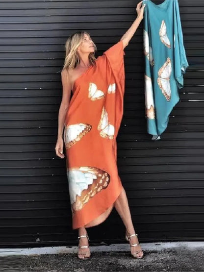 Color Butterfly Print One Shoulder Sleeve Dresses Off Shoulder Loose Beach Vacation Irregular Long Dress