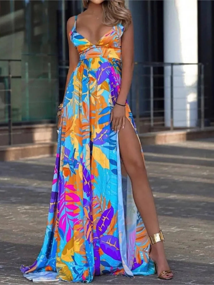 Color Print Spaghetti Strap Long Dresses Deep V-neck Backless Slit Dress Beach Vacation Maxi Vestido