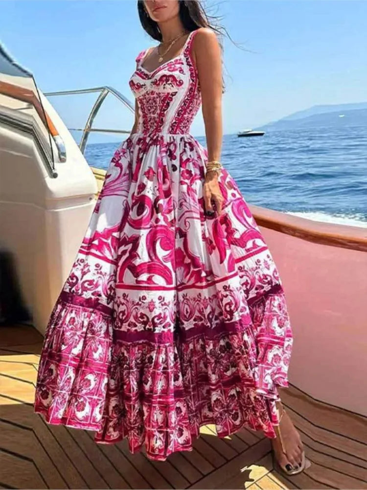 Color Printed Backless Spaghetti Strap Long Dress Sleeveless Vacation Beach Dresses for Female Vestidos