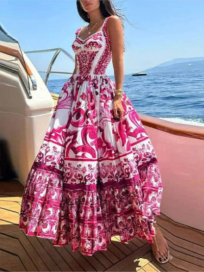 Color Printed Backless Spaghetti Strap Long Dress Sleeveless Vacation Beach Dresses for Female Vestidos