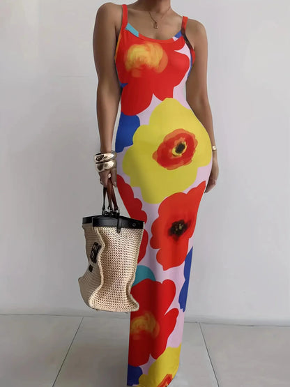 Color Tie Dye Print Spaghetti Strap Long Dresses Package Hip Bodycon Dress Female Club Vestidos