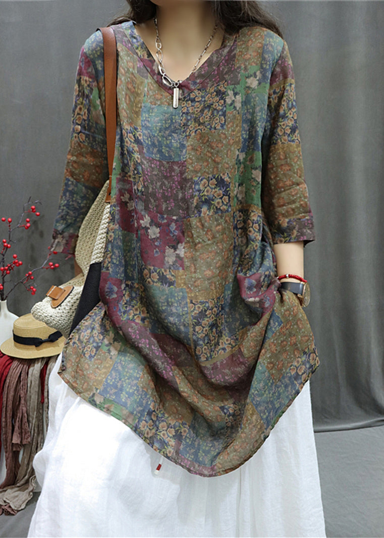 Colorblock Print Side Open Linen Blouse V Neck Summer Gg037