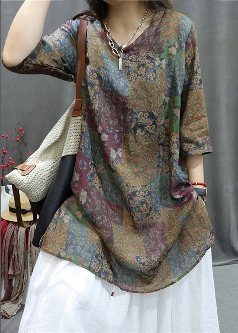 Colorblock Print Side Open Linen Blouse V Neck Summer Gg037