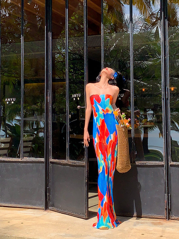 Colorful Strapless Ruched Maxi Dress Summer Statement Piece
