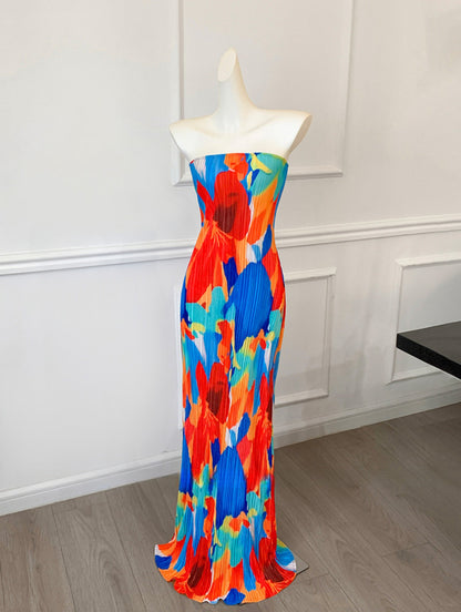 Colorful Strapless Ruched Maxi Dress Summer Statement Piece