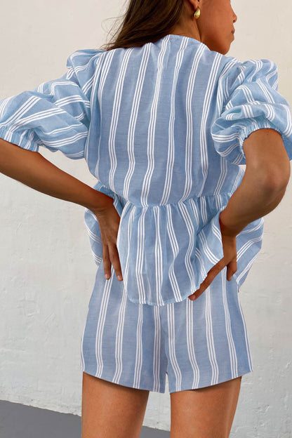 Contrast Striped Tie-up Blouse Suits