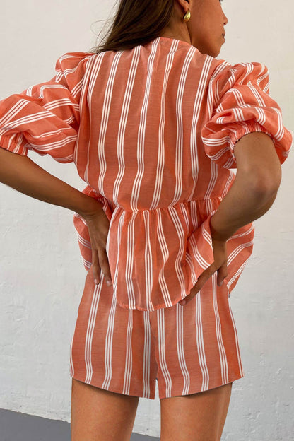 Contrast Striped Tie-up Blouse Suits