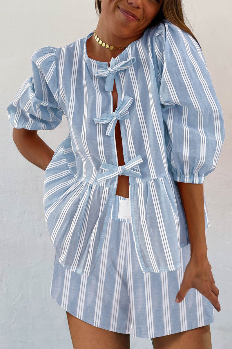 Contrast Striped Tie-up Blouse Suits