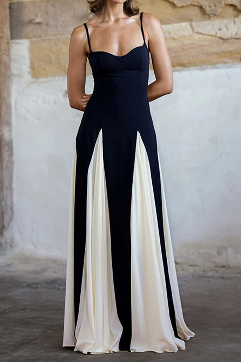 Contrast Color Pleated Spaghetti Strap Maxi Dress