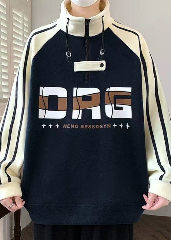 Cool Navy Hign Neck Zippered Patchwork Cotton Sweatshirts Fall Eq015