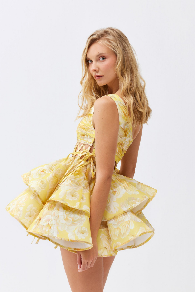 Cora One Shoulder Ruffle Cutout Mini Dress in Yellow