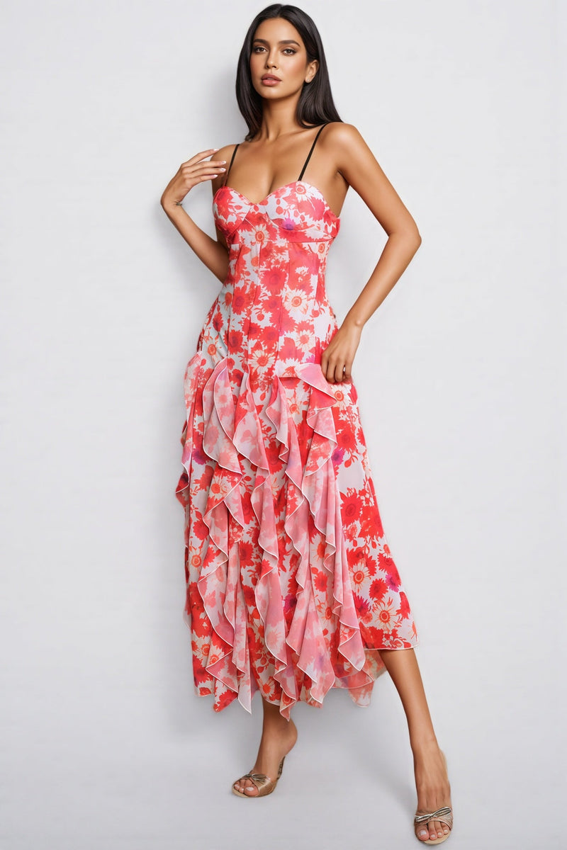 Caldrek Spaghetti Ruffle Maxi Dress