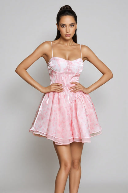 Cyzon Spaghetti Printed Ruffle Mini Dress