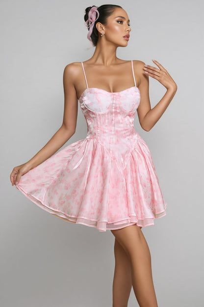 Cyzon Spaghetti Printed Ruffle Mini Dress