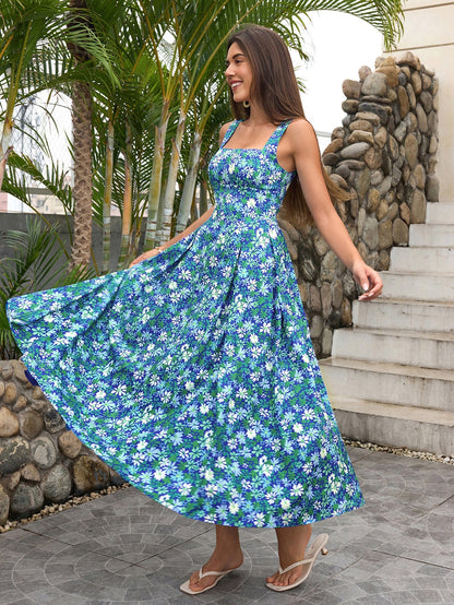 Crisscross Tie Back With Pockets Print Long Dress