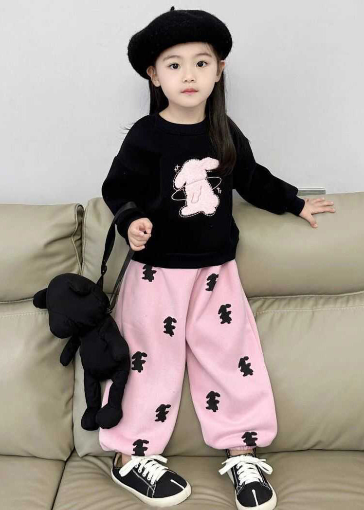 Animal Print Black Sweatshirt and Pink Beam Pants Two Pieces Set Spring Tr003
