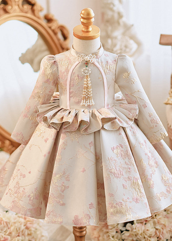 Apricot Stand Collar Embroideried Ruffled Maxi Dresses Spring Yg005