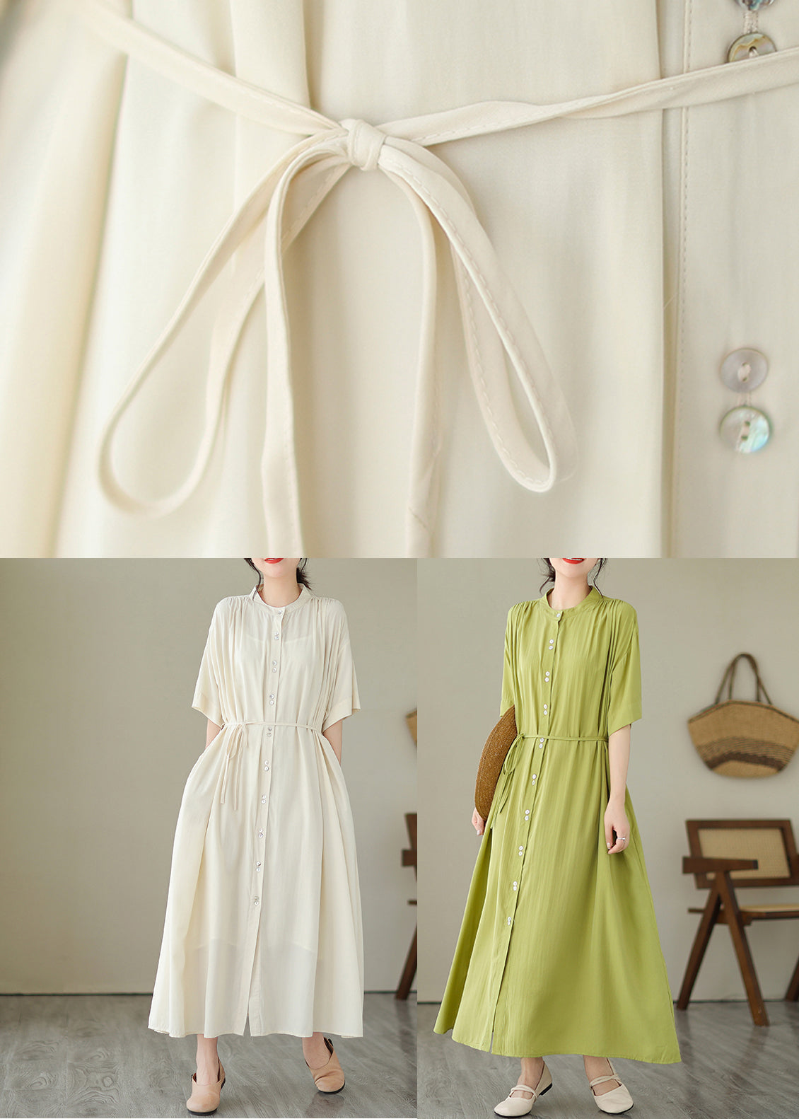 Apricot Tie Waist Long Dress Short Sleeve Gh1031