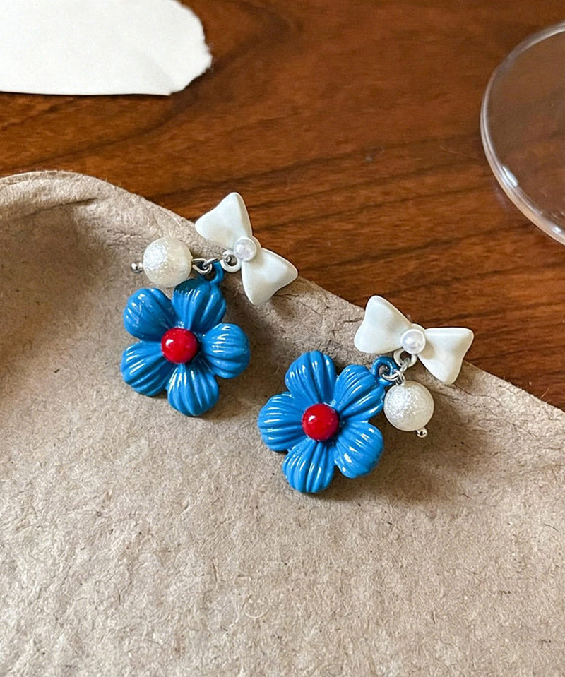 Blue Copper Dripping Glaze Bow Drop Earrings
