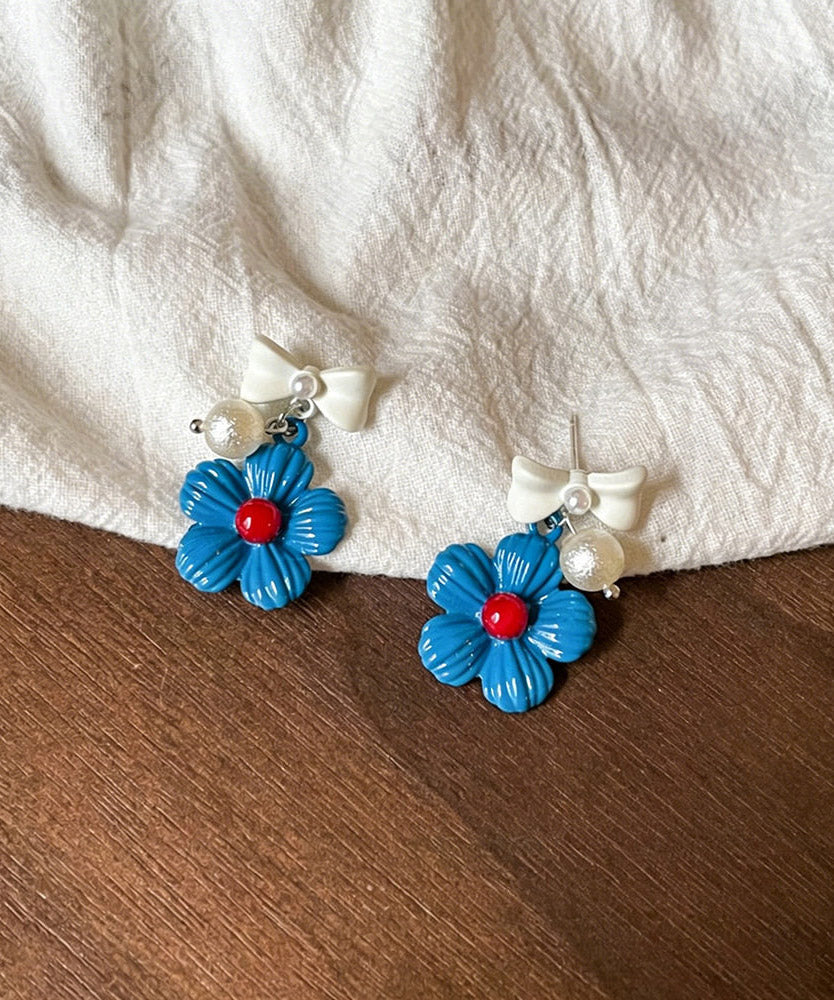 Blue Copper Dripping Glaze Bow Drop Earrings