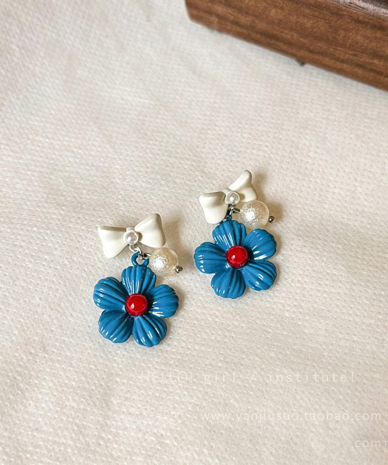 Blue Copper Dripping Glaze Bow Drop Earrings