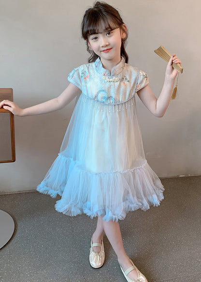 Blue Print Patchwork Tassel Tulle Kids Long Dresses Summer Mn027