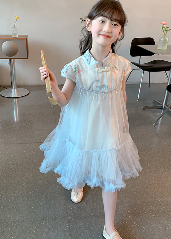 Blue Print Patchwork Tassel Tulle Kids Long Dresses Summer Mn027
