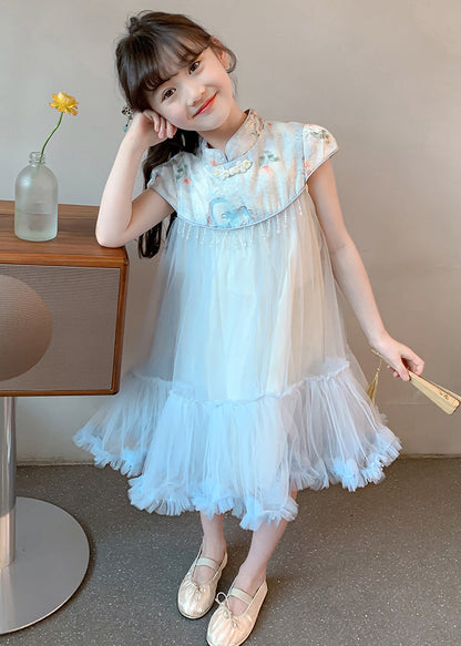 Blue Print Patchwork Tassel Tulle Kids Long Dresses Summer Mn027