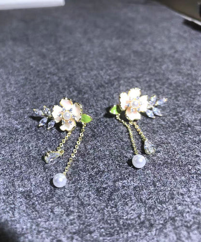 Gold Alloy Zircon Pearl Dripping Glaze Tassel Drop Earrings