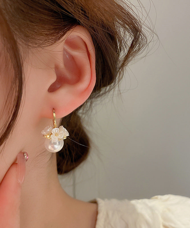Gold Alloy Zircon Pearl Hoop Earrings