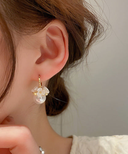 Gold Alloy Zircon Pearl Hoop Earrings
